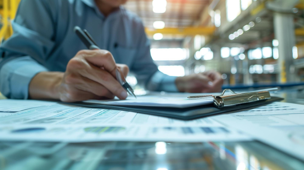 Normas ABNT para armazenagem com profissional analisando documentação técnica em centro de distribuição.