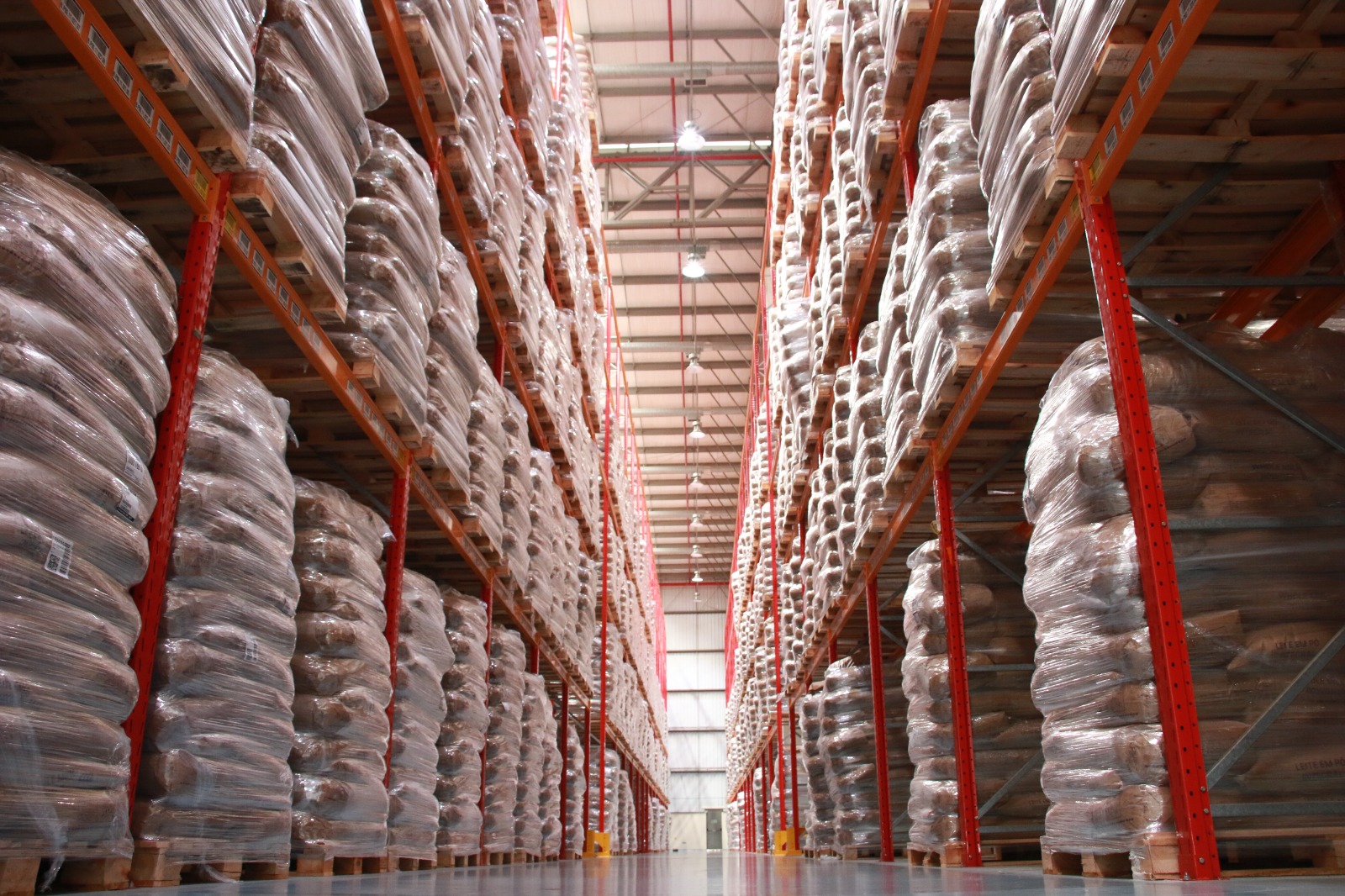 Porta-paletes em centro de distribuição 3PL com cargas paletizadas armazenadas em diferentes níveis.