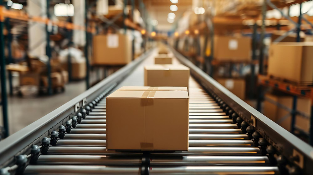 Fulfillment e-commerce com caixas em sistema de movimentação dentro de centro de distribuição.